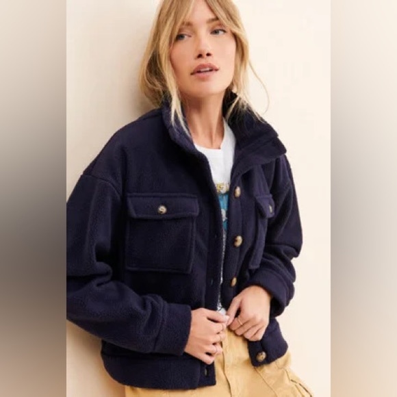 💕 Anthropologie Daily Practice Fleece Bomber Jacket Women's Navy XS - Picture 1 of 12